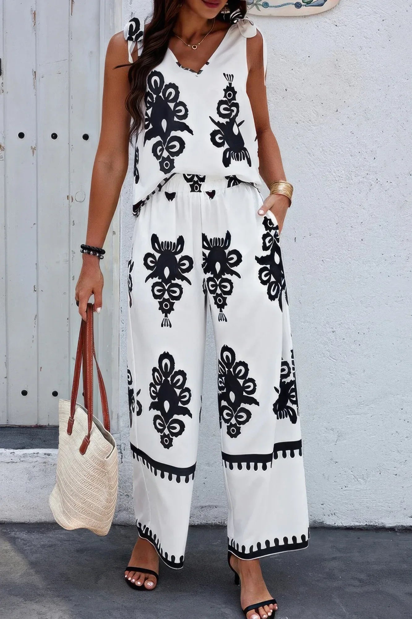 Floral Knot Shoulder Sleeveless Elastic Waist Sets | Mixtshop LLC Main image