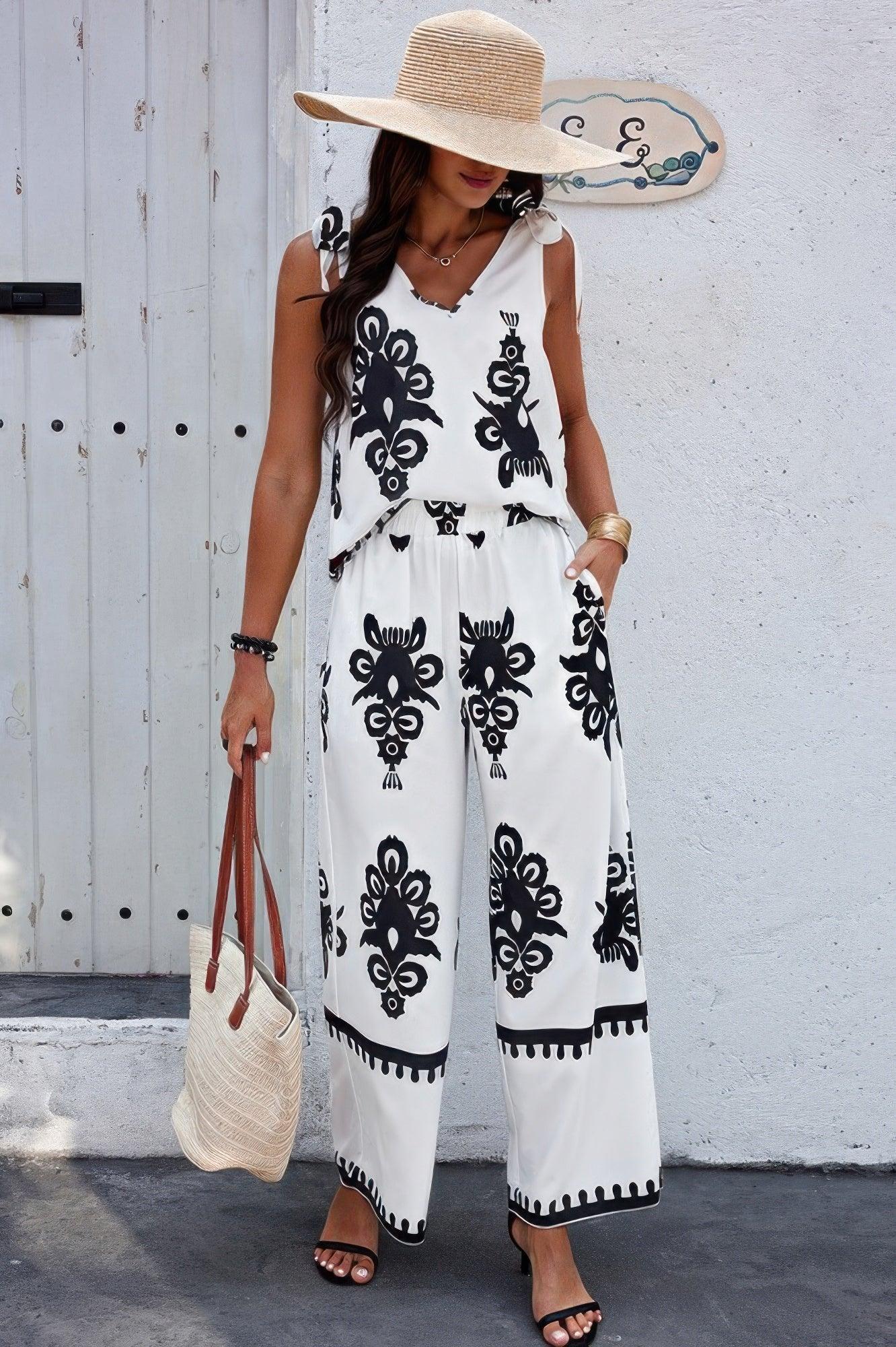 Floral Knot Shoulder Sleeveless Elastic Waist Sets | Mixtshop LLC