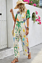 Allover Print Button Up Belt Jumpsuit | Mixtshop LLC