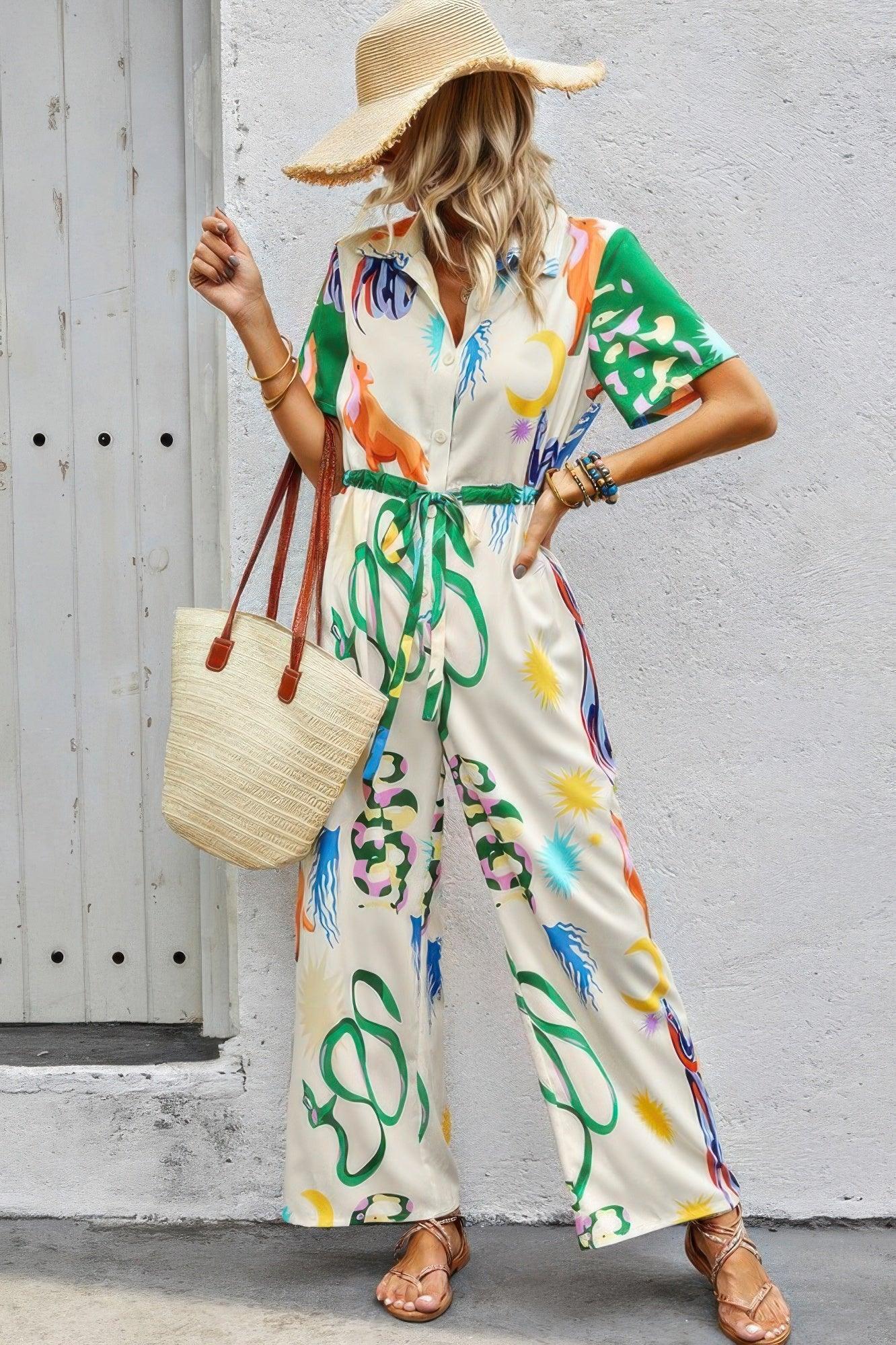 Allover Print Button Up Belt Jumpsuit | Mixtshop LLC