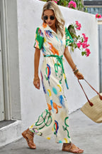 Allover Print Button Up Belt Jumpsuit | Mixtshop LLC