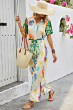 Allover Print Button Up Belt Jumpsuit | Mixtshop LLC