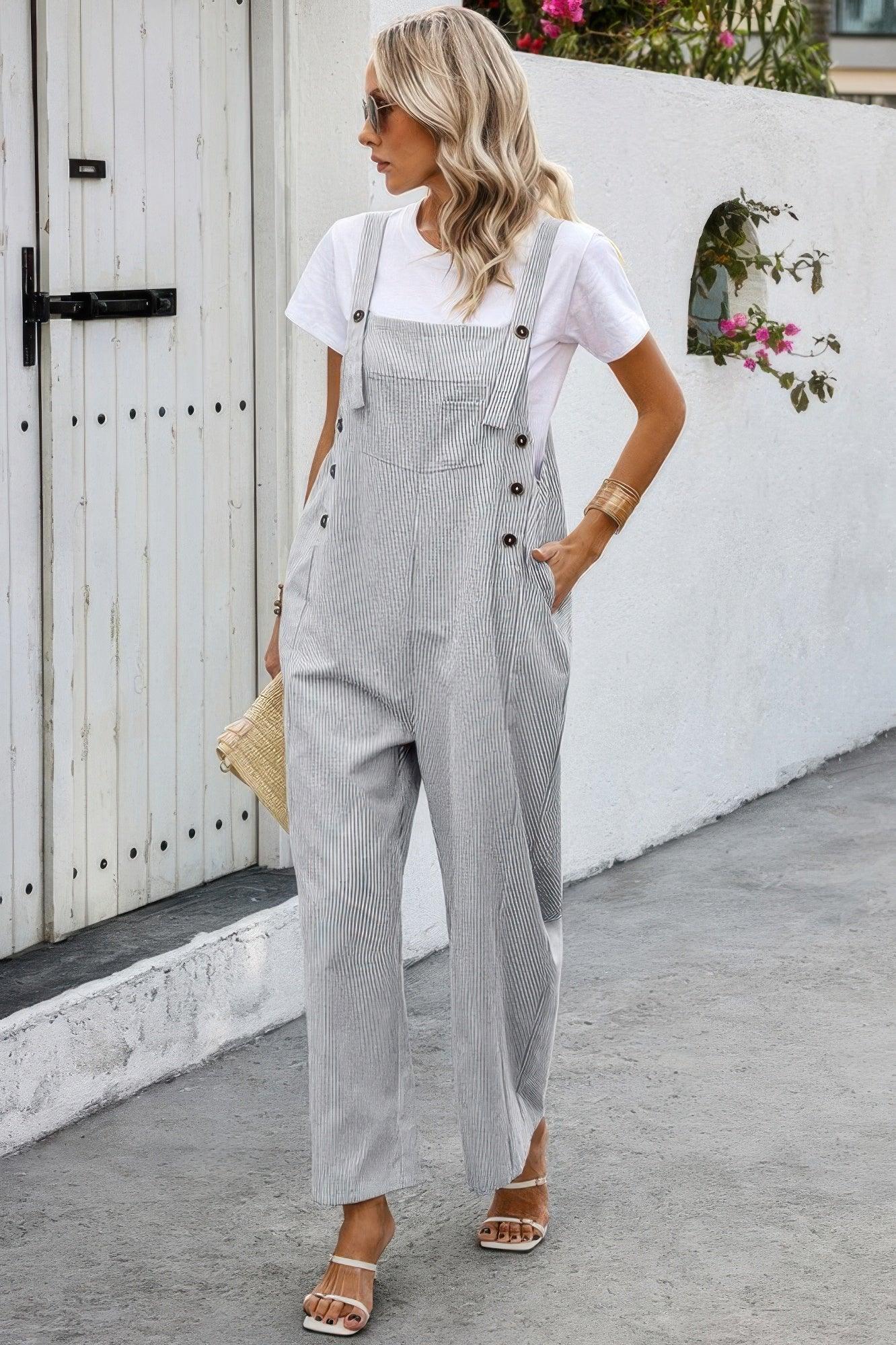 Solid Square Neck Button Trim Pockets Jumpsuit | Mixtshop LLC
