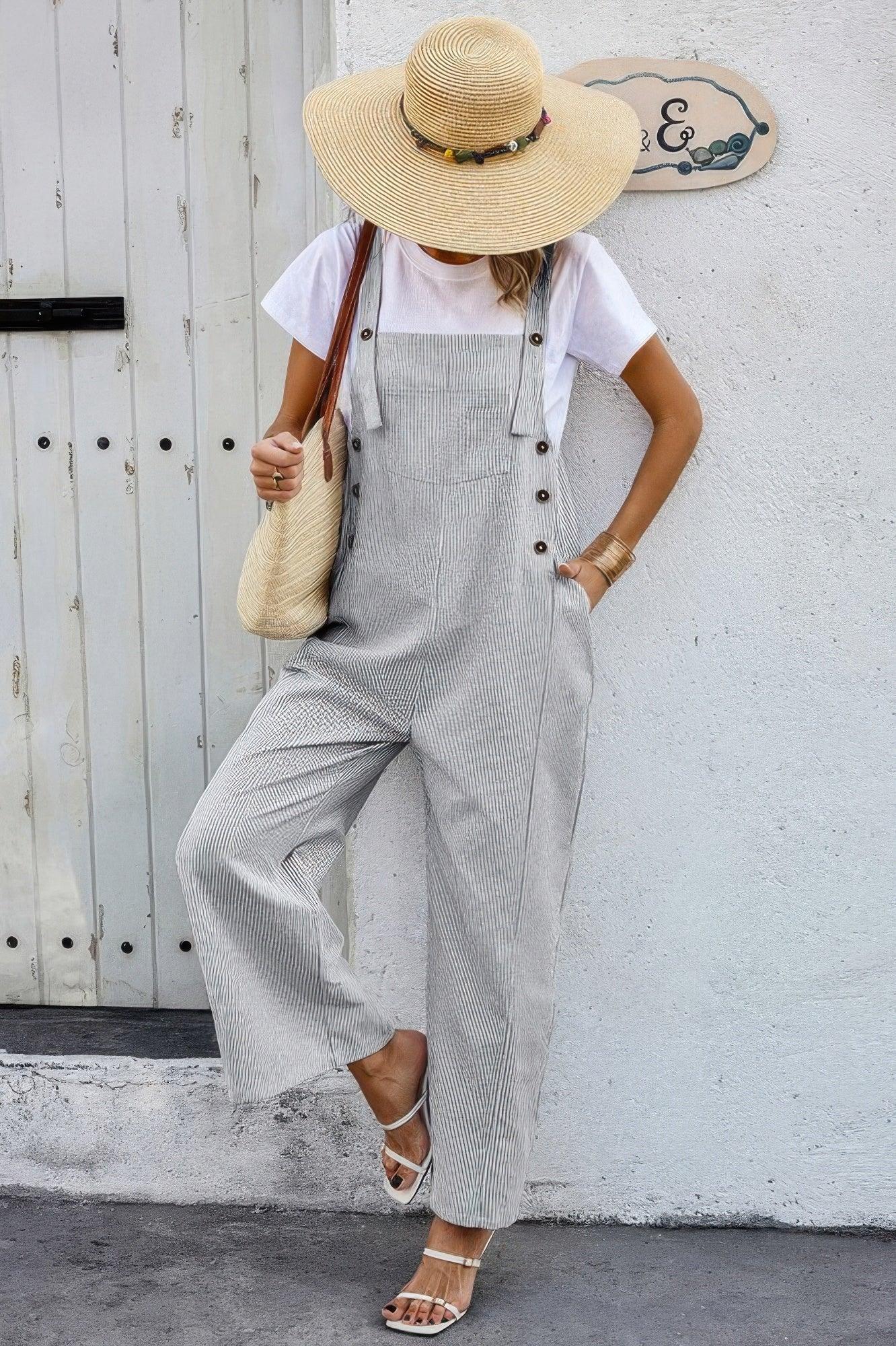 Solid Square Neck Button Trim Pockets Jumpsuit | Mixtshop LLC