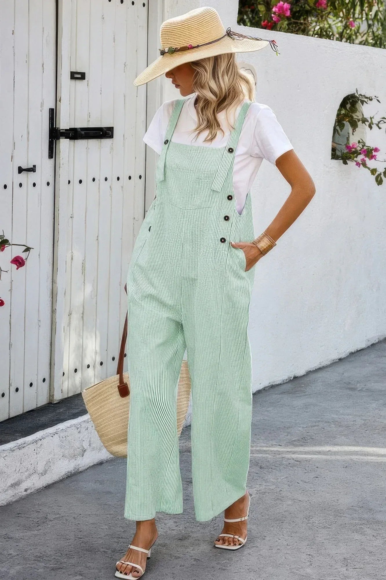 Solid Square Neck Button Trim Pockets Jumpsuit | Mixtshop LLC