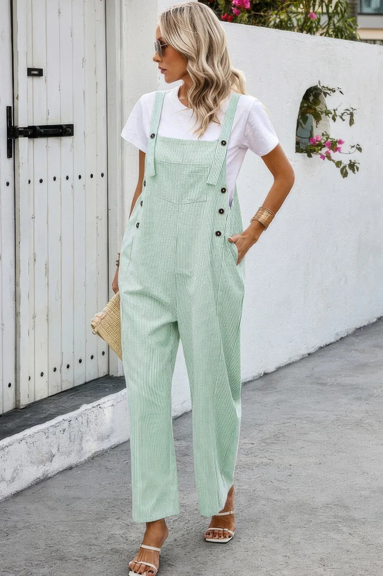 Solid Square Neck Button Trim Pockets Jumpsuit | Mixtshop LLC
