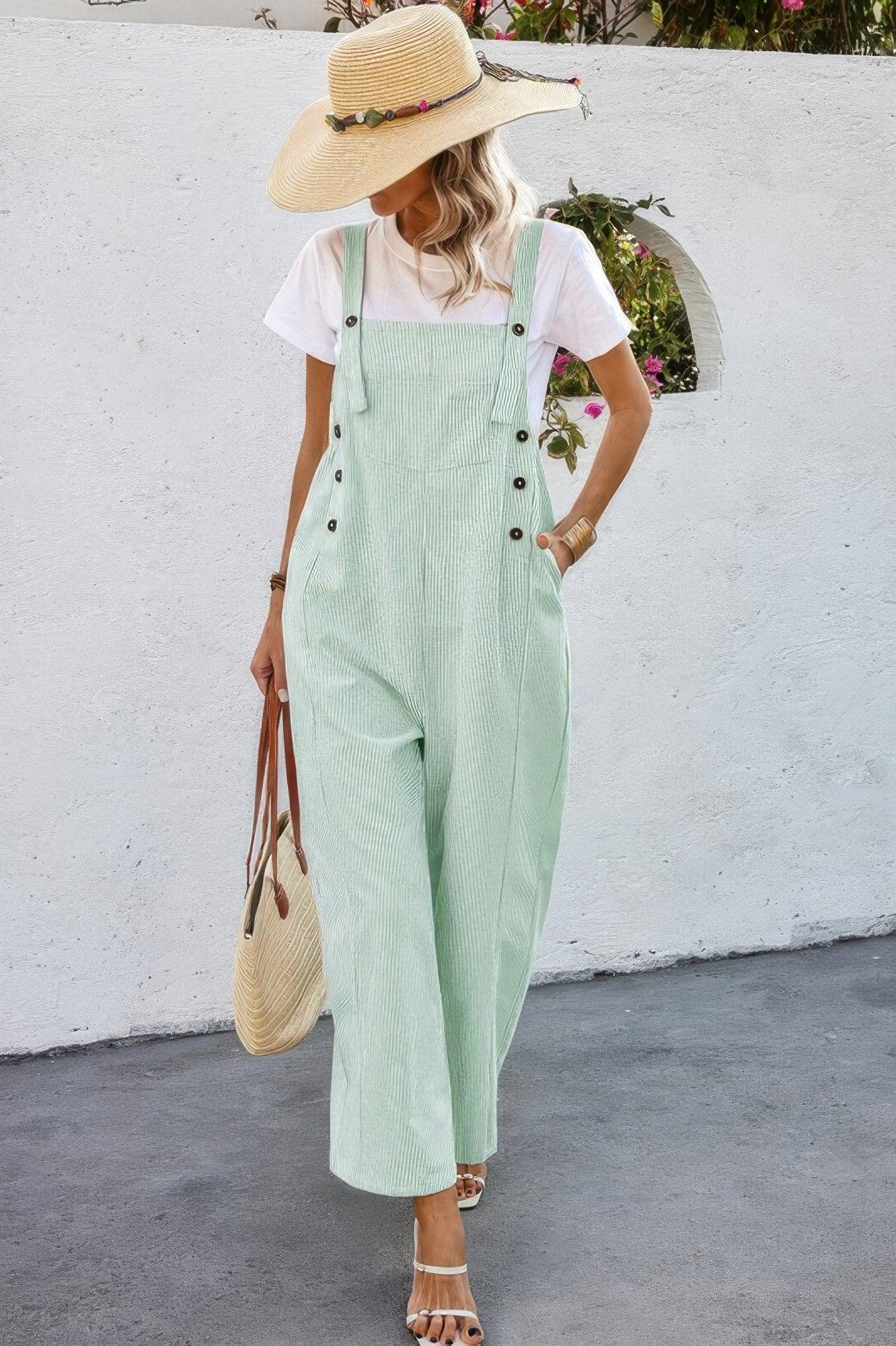 Solid Square Neck Button Trim Pockets Jumpsuit | Mixtshop LLC
