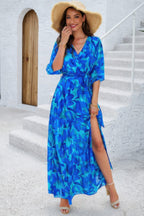 Floral Print V Neck Waist Cinched Split Long Dress | Mixtshop LLC