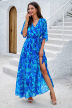 Floral Print V Neck Waist Cinched Split Long Dress | Mixtshop LLC
