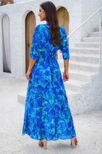 Floral Print V Neck Waist Cinched Split Long Dress | Mixtshop LLC