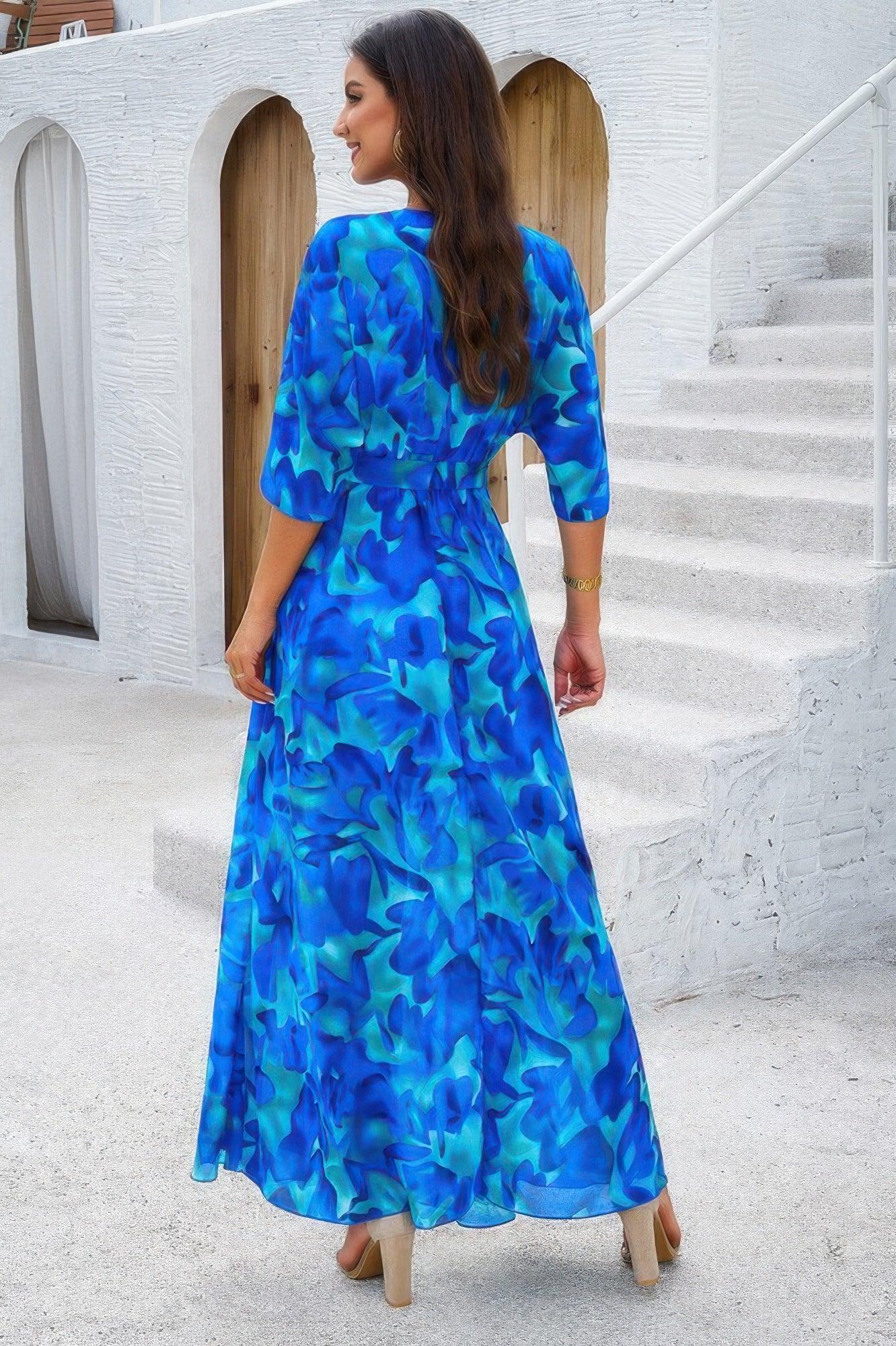 Floral Print V Neck Waist Cinched Split Long Dress | Mixtshop LLC