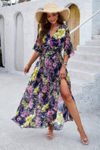 Floral Print V Neck Waist Cinched Split Long Dress | Mixtshop LLC