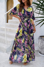 Floral Print V Neck Waist Cinched Split Long Dress | Mixtshop LLC