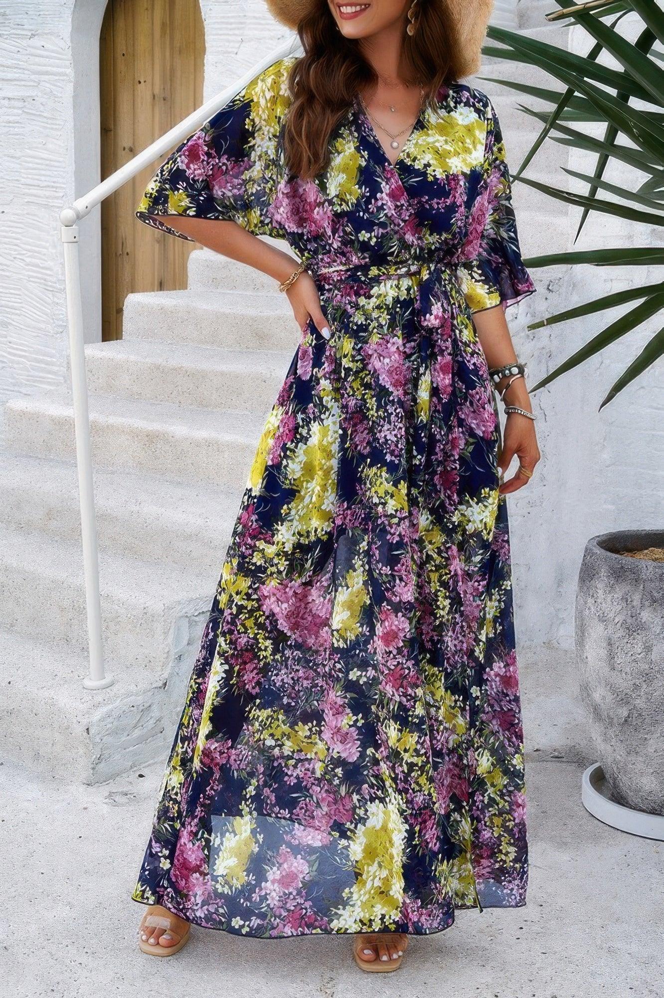 Floral Print V Neck Waist Cinched Split Long Dress | Mixtshop LLC
