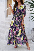 Floral Print V Neck Waist Cinched Split Long Dress | Mixtshop LLC