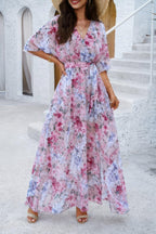 Floral Print V Neck Waist Cinched Split Long Dress | Mixtshop LLC