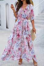 Floral Print V Neck Waist Cinched Split Long Dress | Mixtshop LLC