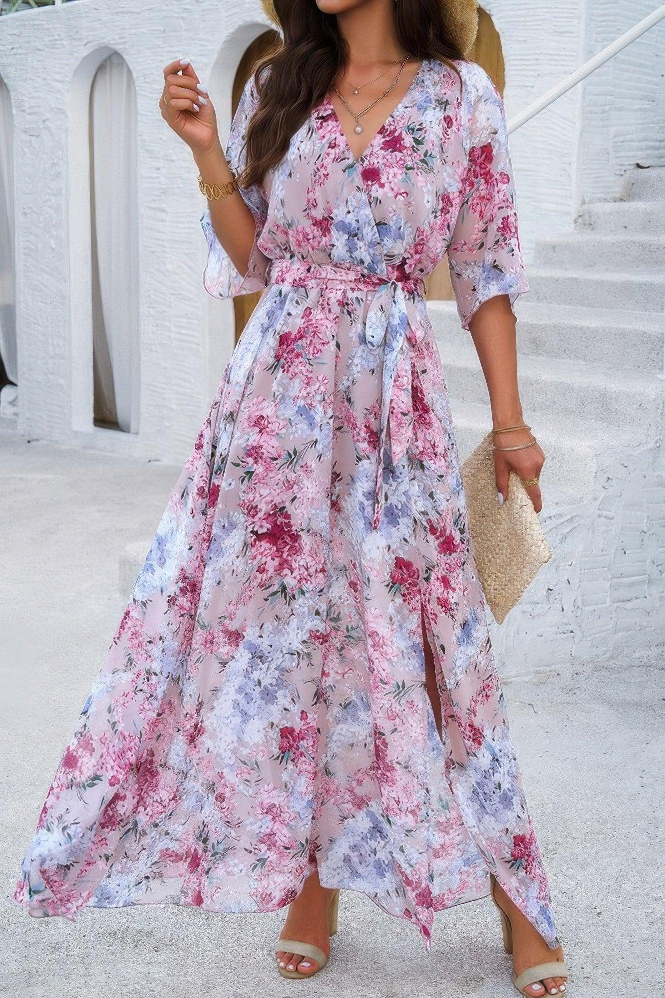 Floral Print V Neck Waist Cinched Split Long Dress | Mixtshop LLC