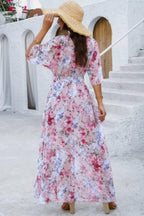 Floral Print V Neck Waist Cinched Split Long Dress | Mixtshop LLC