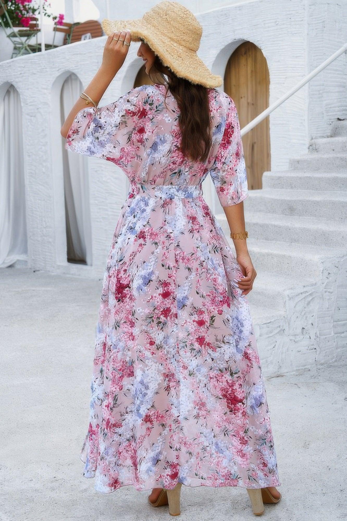 Floral Print V Neck Waist Cinched Split Long Dress | Mixtshop LLC