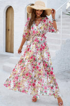 Floral Print V Neck Waist Cinched Split Long Dress | Mixtshop LLC