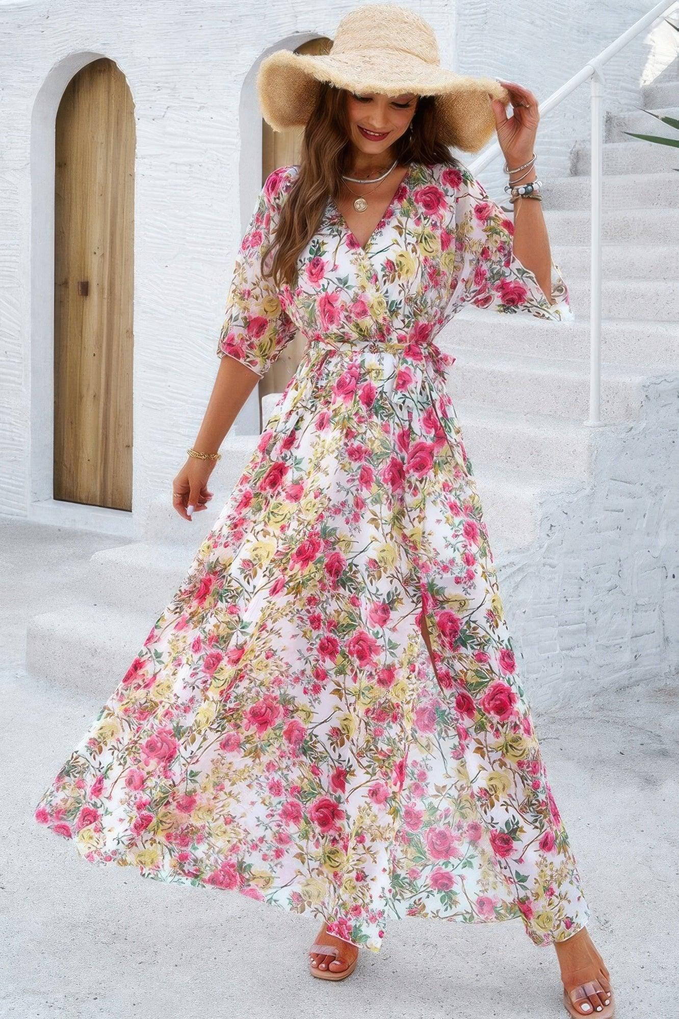 Floral Print V Neck Waist Cinched Split Long Dress | Mixtshop LLC