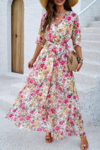 Floral Print V Neck Waist Cinched Split Long Dress | Mixtshop LLC
