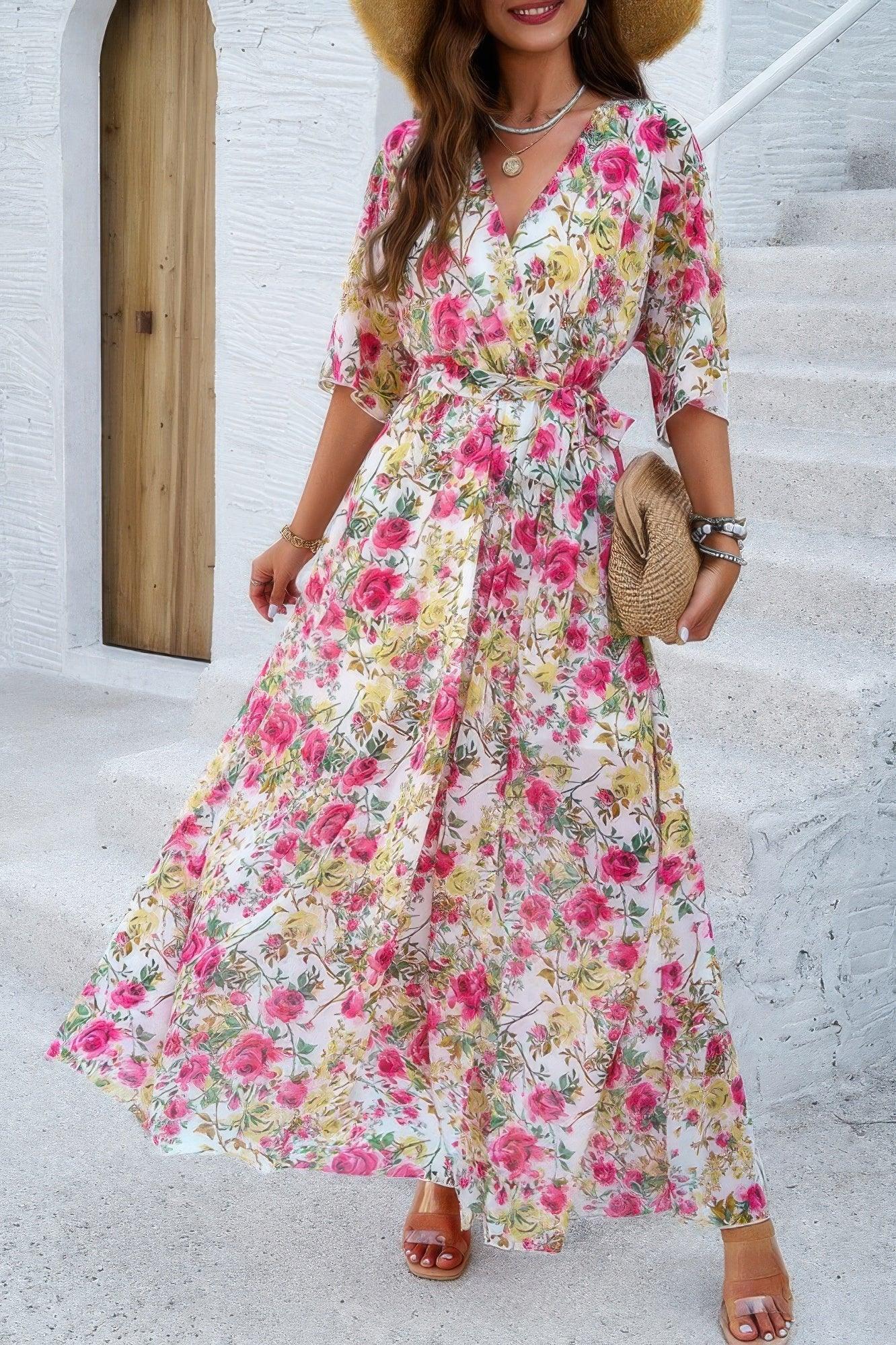 Floral Print V Neck Waist Cinched Split Long Dress | Mixtshop LLC