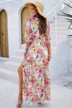 Floral Print V Neck Waist Cinched Split Long Dress | Mixtshop LLC