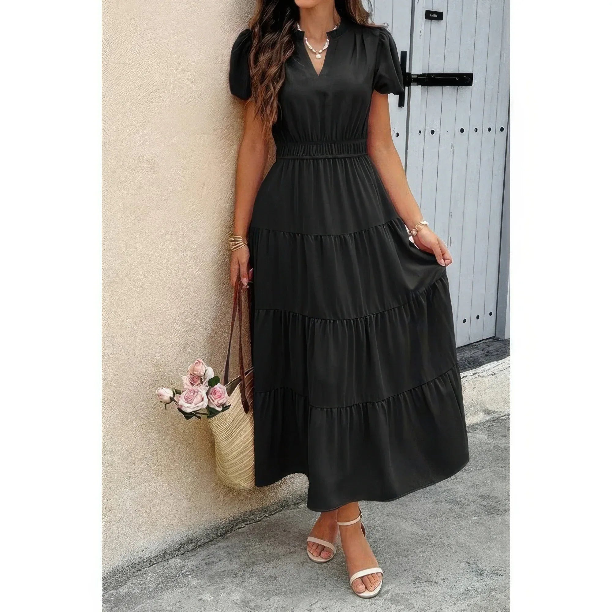 Solid V Neck Color Block Elastic Waist Dress | Mixtshop LLC Main image