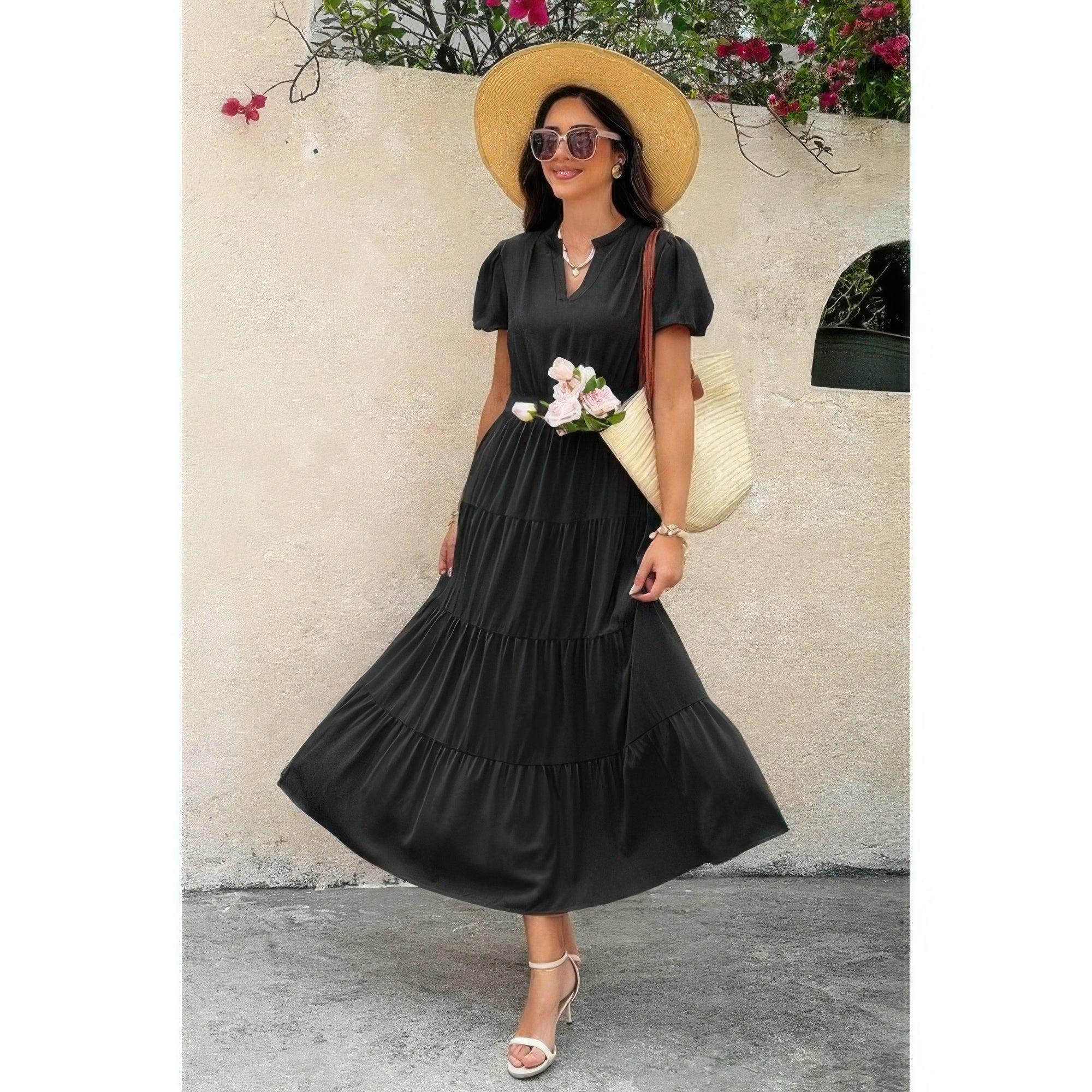Solid V Neck Color Block Elastic Waist Dress Secondary image