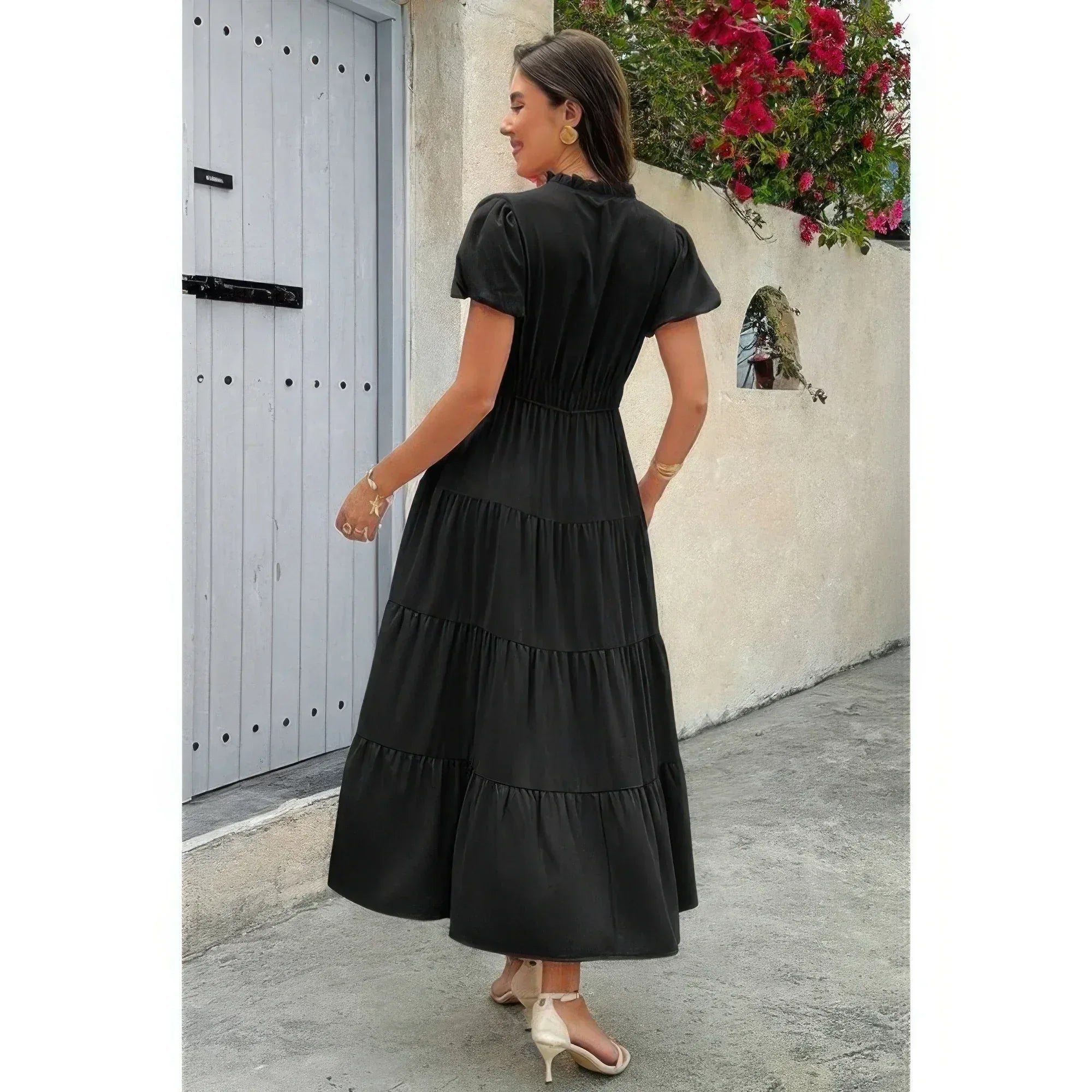 Solid V Neck Color Block Elastic Waist Dress | Mixtshop LLC