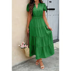 Solid V Neck Color Block Elastic Waist Dress | Mixtshop LLC