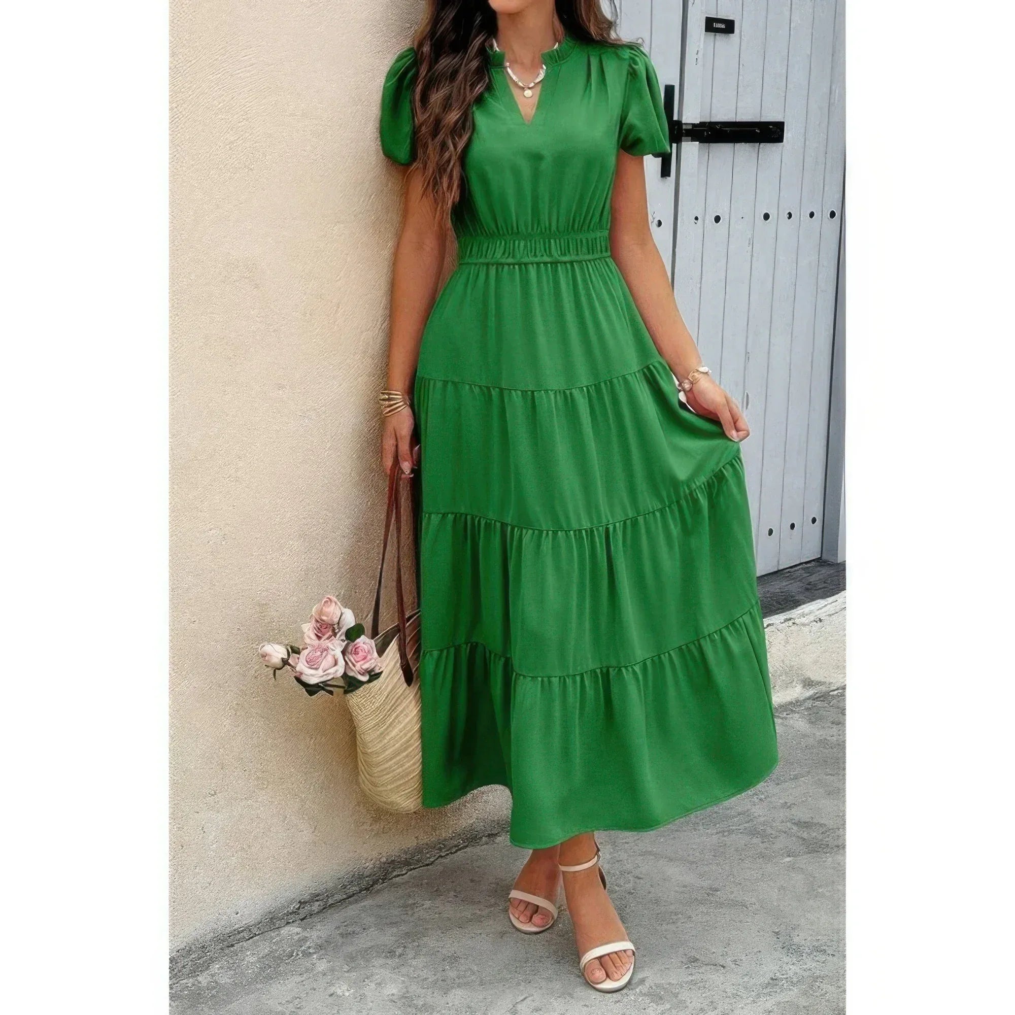 Solid V Neck Color Block Elastic Waist Dress | Mixtshop LLC