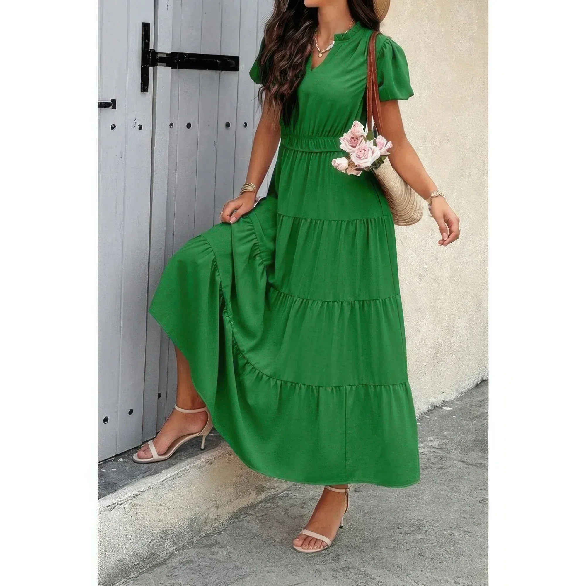 Solid V Neck Color Block Elastic Waist Dress | Mixtshop LLC