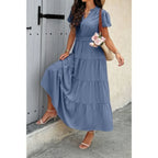 Solid V Neck Color Block Elastic Waist Dress | Mixtshop LLC