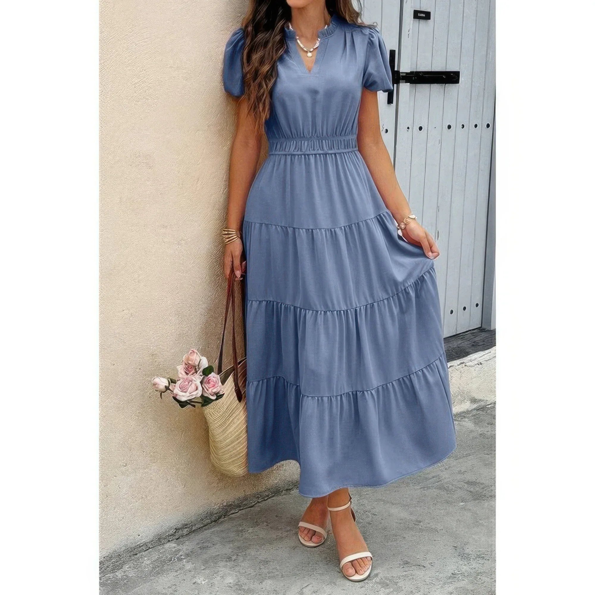Solid V Neck Color Block Elastic Waist Dress | Mixtshop LLC
