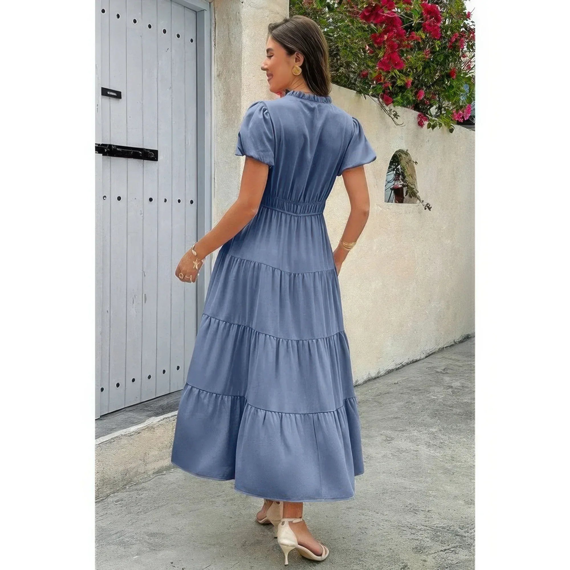 Solid V Neck Color Block Elastic Waist Dress | Mixtshop LLC