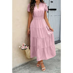 Solid V Neck Color Block Elastic Waist Dress | Mixtshop LLC