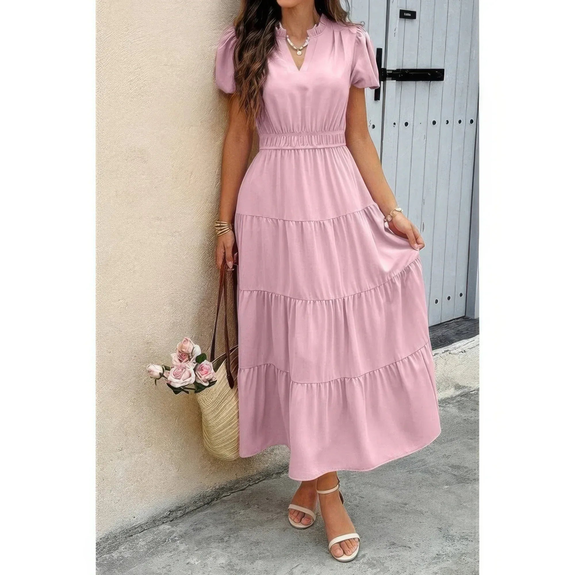 Solid V Neck Color Block Elastic Waist Dress | Mixtshop LLC