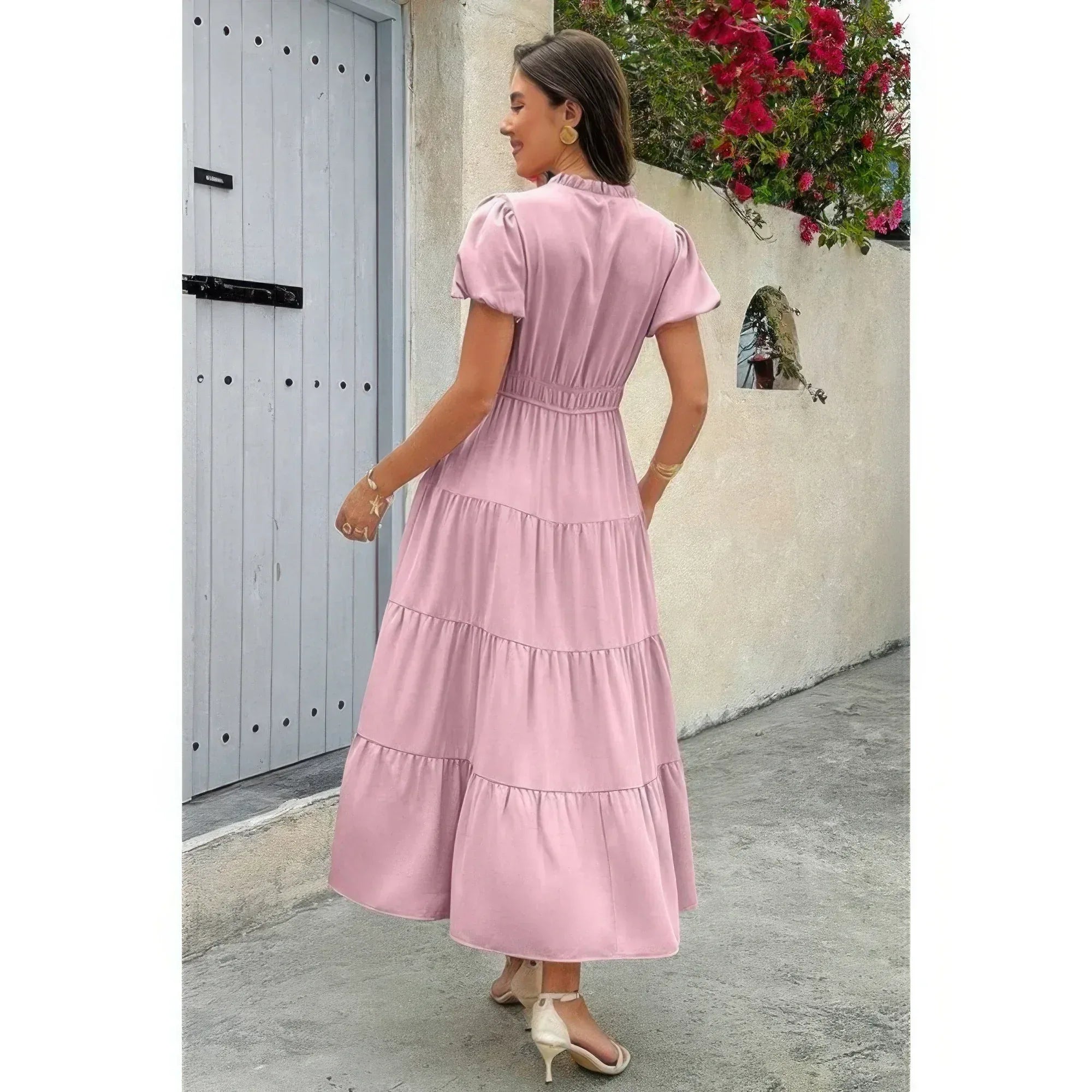 Solid V Neck Color Block Elastic Waist Dress | Mixtshop LLC
