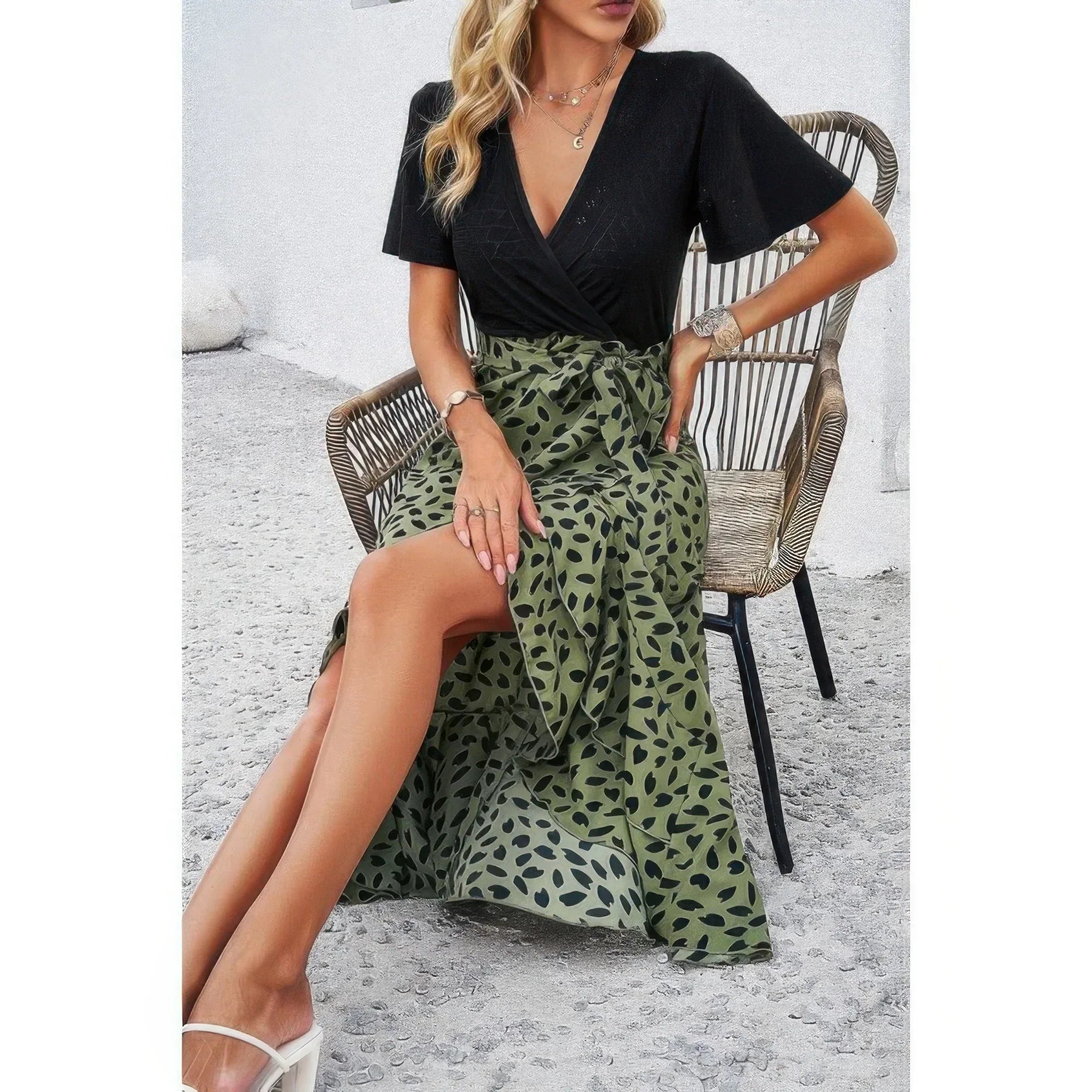 Cross Color Block Lace V Neck Belt Print Dress | Mixtshop LLC