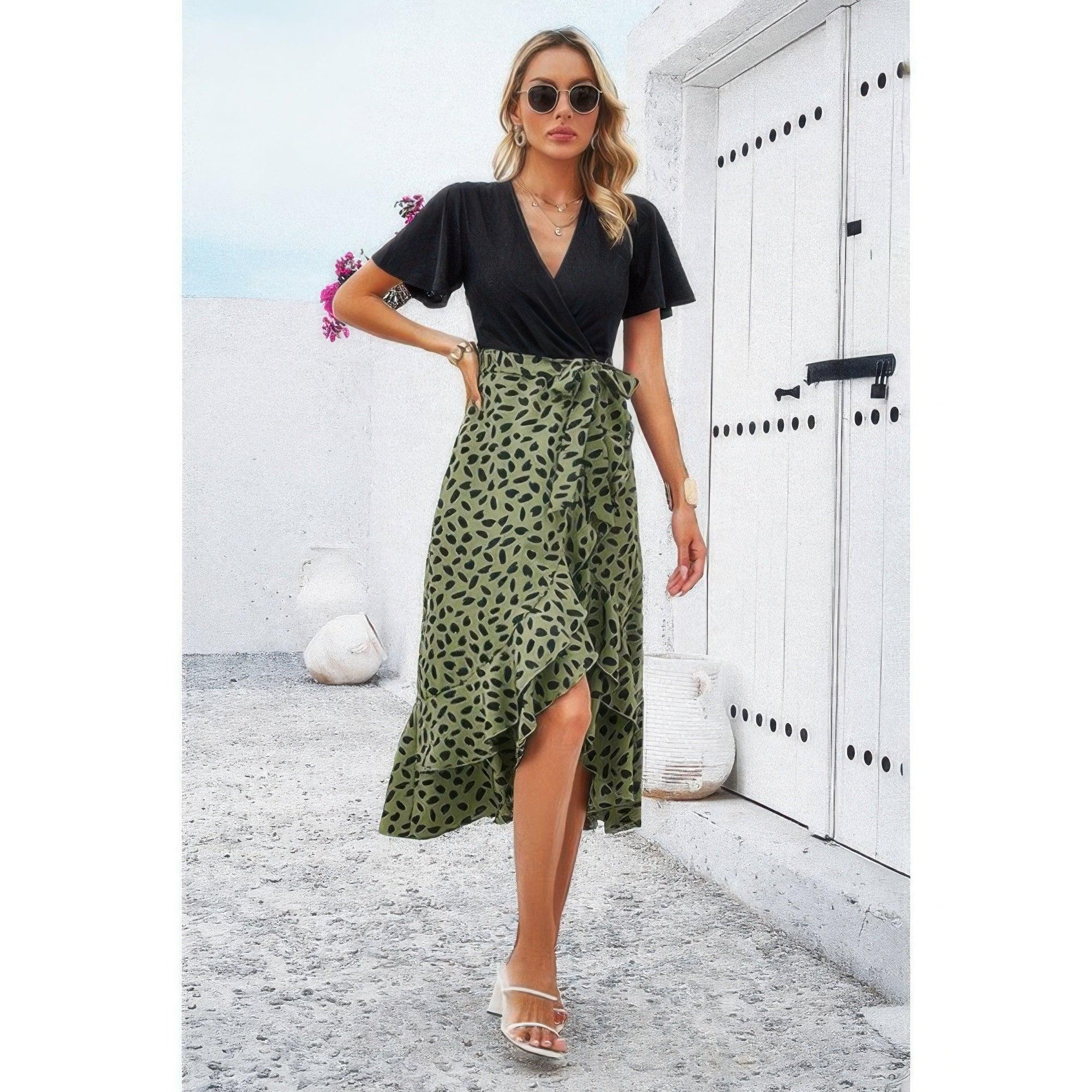 Cross Color Block Lace V Neck Belt Print Dress | Mixtshop LLC