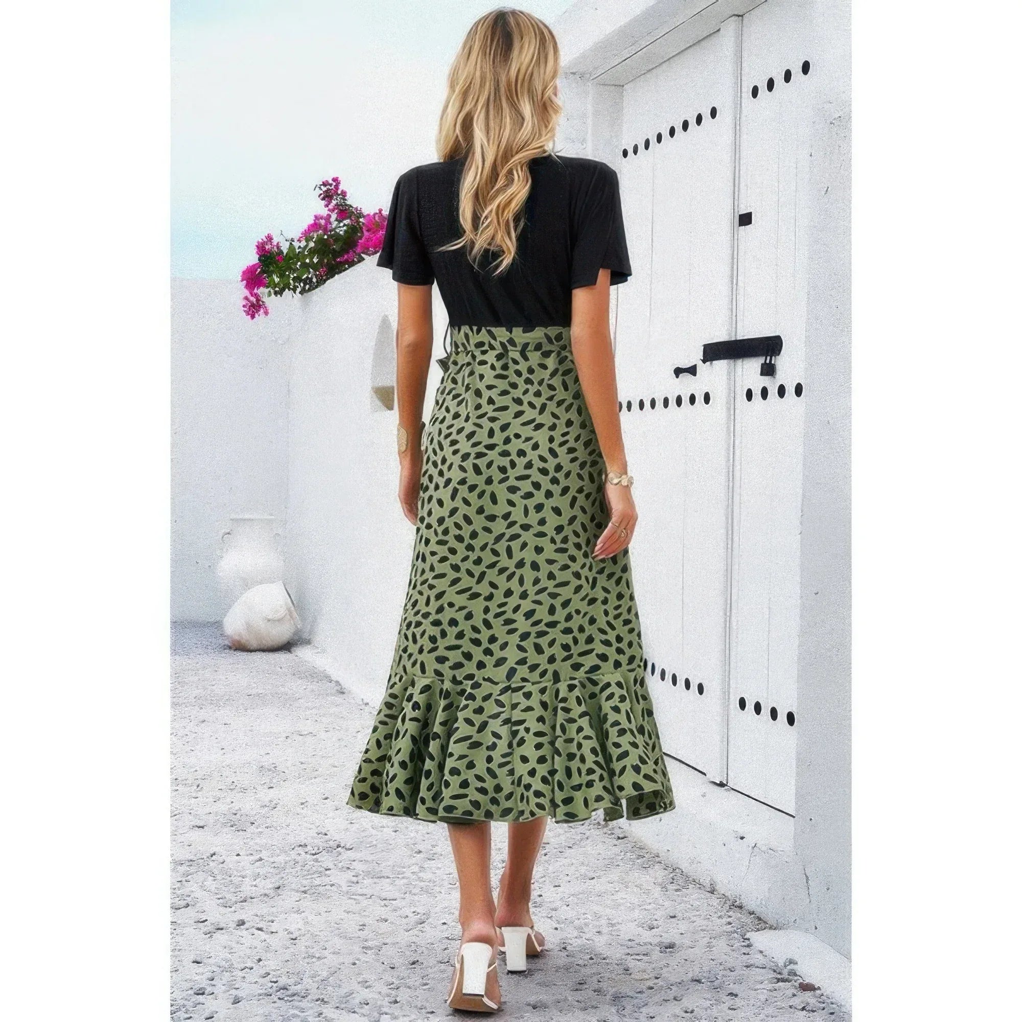 Cross Color Block Lace V Neck Belt Print Dress | Mixtshop LLC