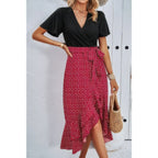 Cross Color Block Lace V Neck Belt Print Dress | Mixtshop LLC