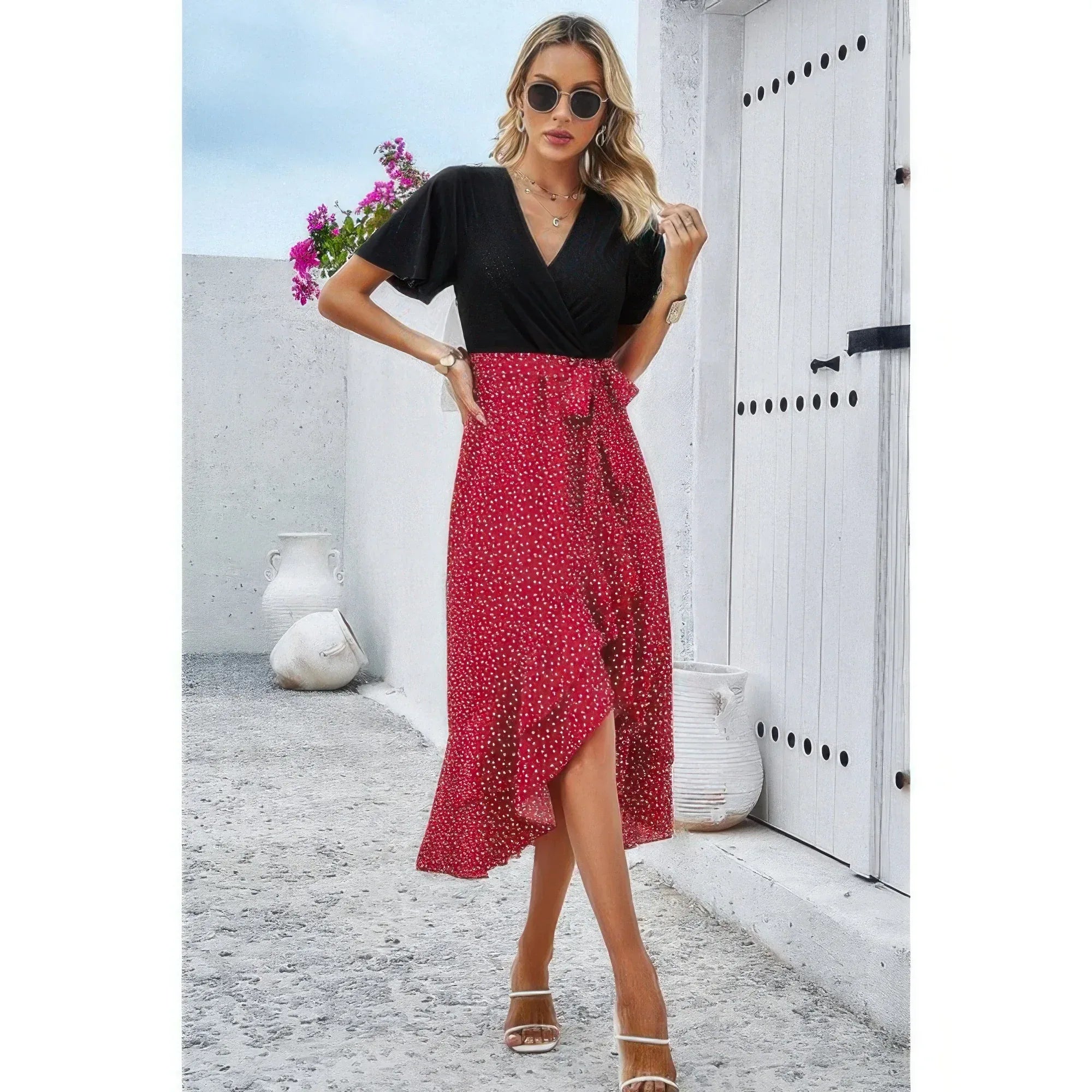 Cross Color Block Lace V Neck Belt Print Dress | Mixtshop LLC
