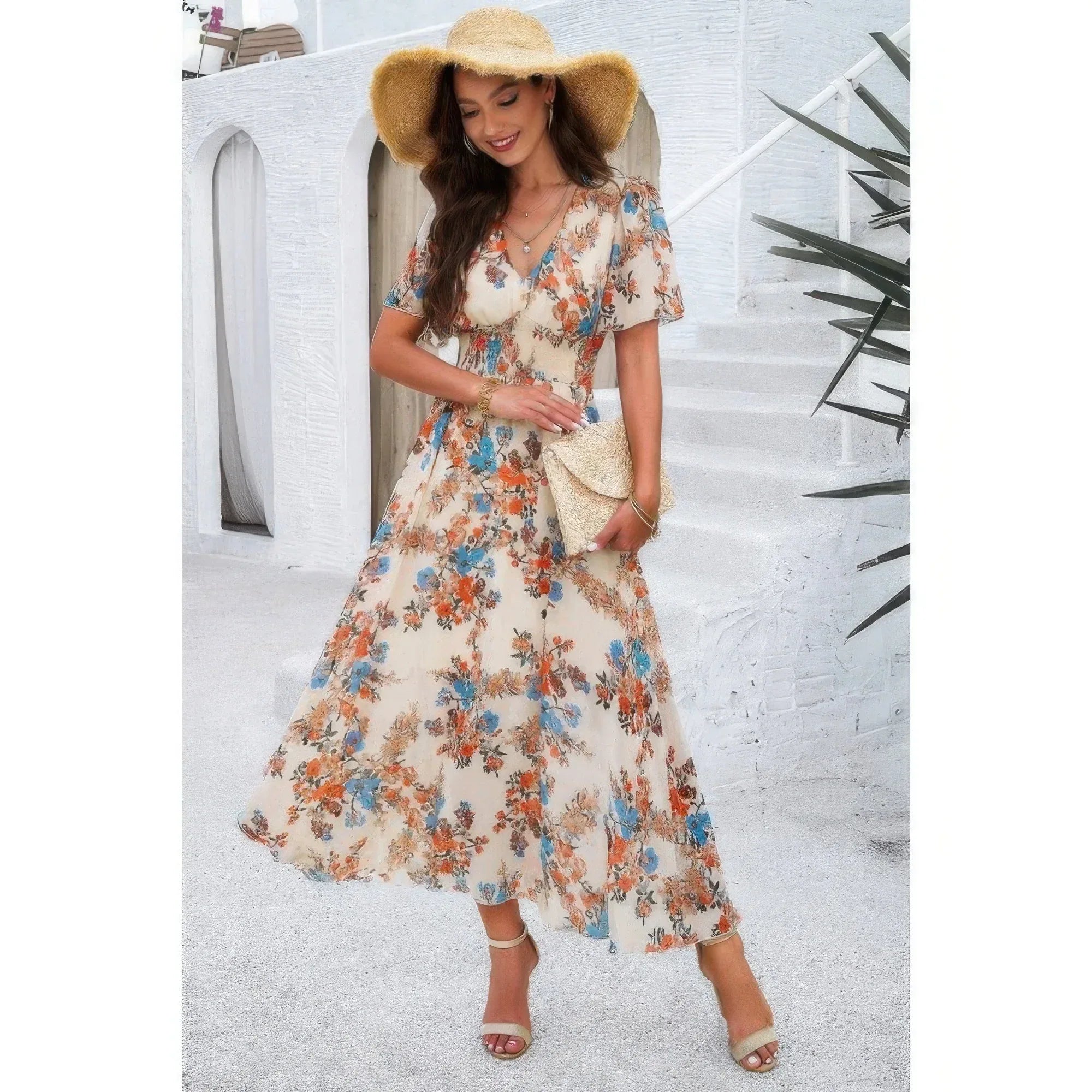 Boho Floral Print High Waist Band Fit Lined Dress | Mixtshop LLC Main image