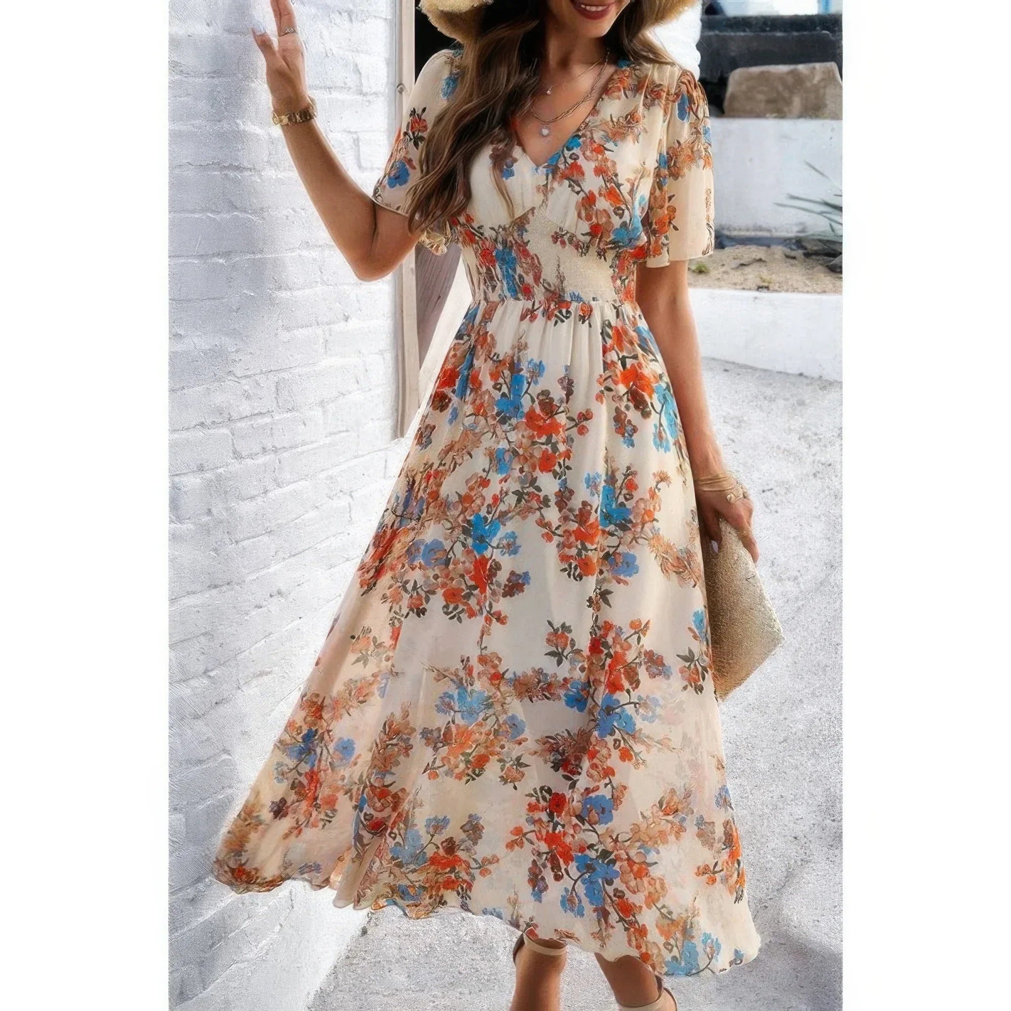 Boho Floral Print High Waist Band Fit Lined Dress | Mixtshop LLC