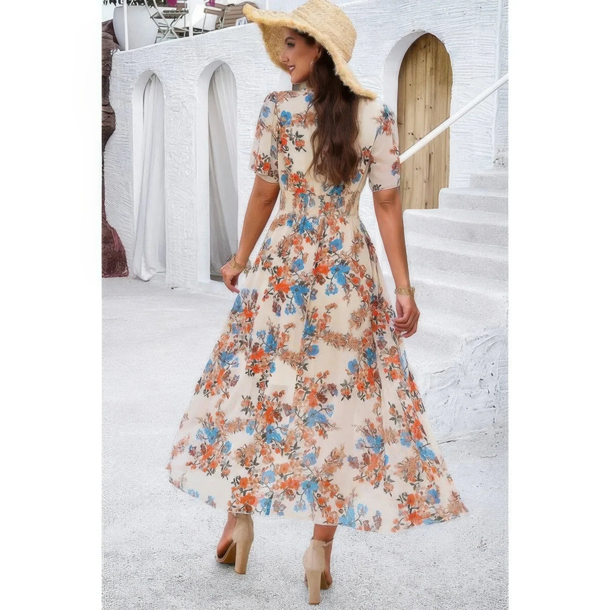Boho Floral Print High Waist Band Fit Lined Dress | Mixtshop LLC