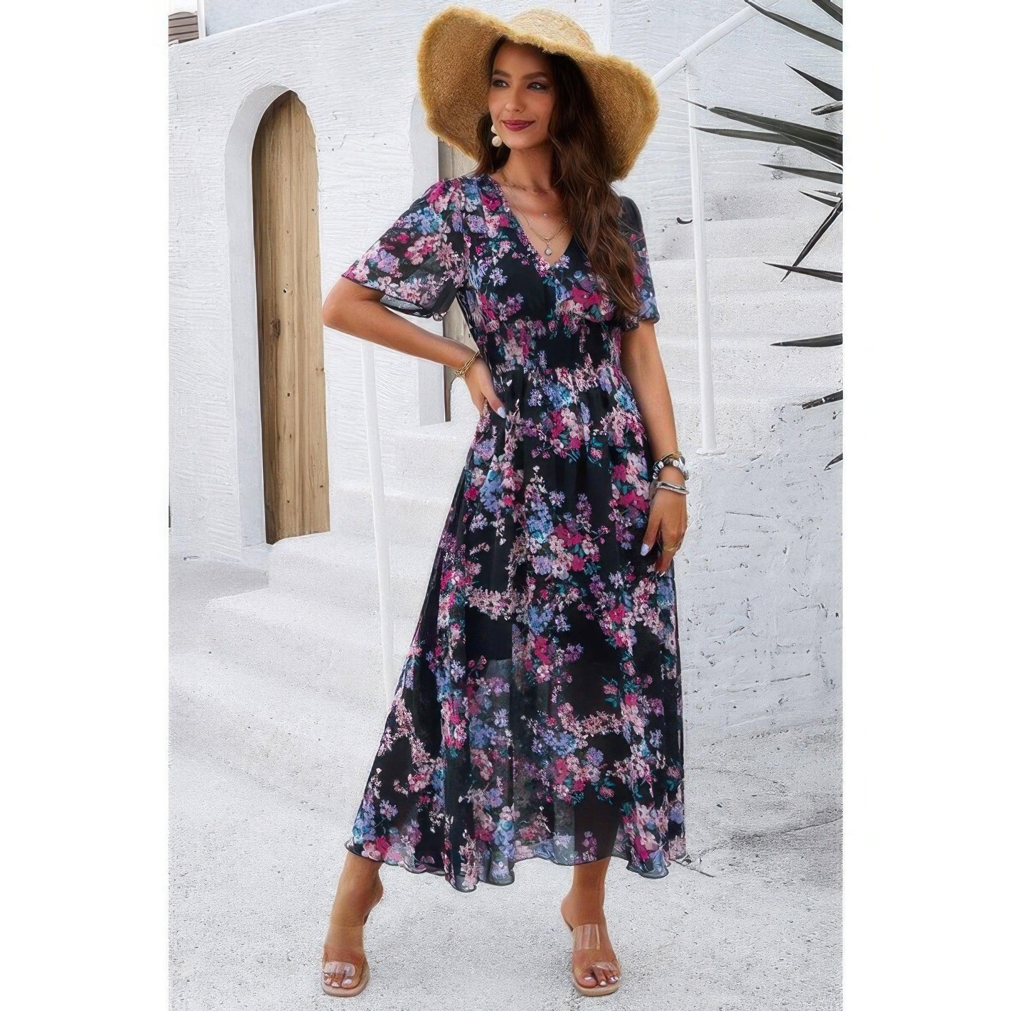 Boho Floral Print High Waist Band Fit Lined Dress | Mixtshop LLC